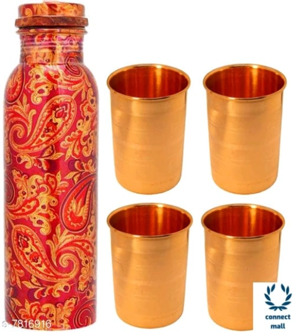SS Pure Copper 1000 ML Water Bottle With 4 Copper Glass Drinkware Set - Red, Bottle,Glass